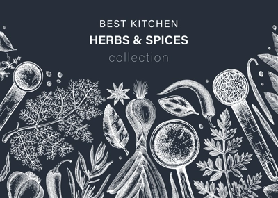 Hand drawn herbs and spices vector banner on chalkboard. Hand-sketched food illustration. Vintage aromatic plants hand-drawing. Kitchen herbs and spice frame template in sketched style.